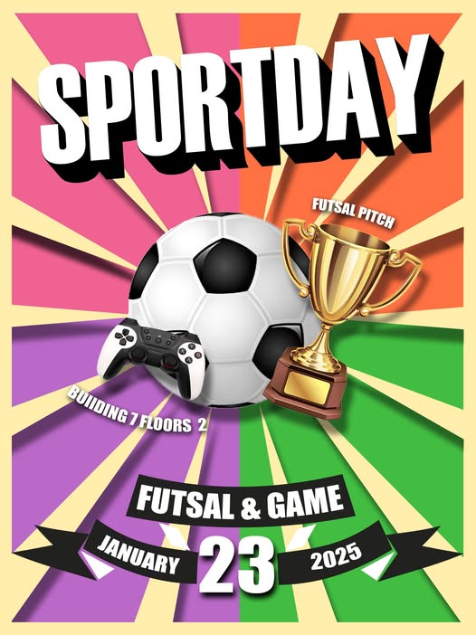 วันที่ 23 มกราคม 2568กรรมชมรมในสัปดาห์นี้ คือ “SPORTDAY” กีฬาสีภายในชมรม กีฬาสีภายในชมรมมีทั้งหมด 2 กีฬาด้วยกัน คือ กีฬาฟุตซอล กับ กีฬา E-Sport ROV แบ่งเป็น 2 สนาม สนามฟุตซอล และ อาคาร 7 ชั้น 2